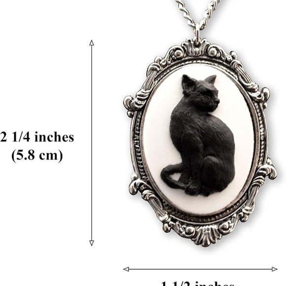 Black Cat Cameo in Antique Silver Finish Pewter Frame Pendant Necklace - Picture 3 of 6